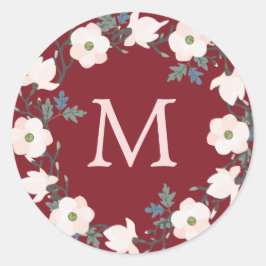Burgundy Blush Wreath Monogram Weihnachtsfeiertag Runder Aufkleber