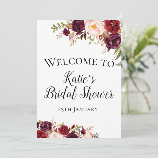 Burgundy Boho Blume Welcome Sign 12x18" Größe Einladung (Stehend Vorderseite)