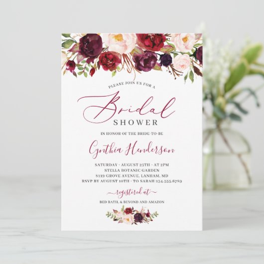 Burgundy Boho Blumenkalligrafie-Brautparty Einladung (Stehend Vorderseite)