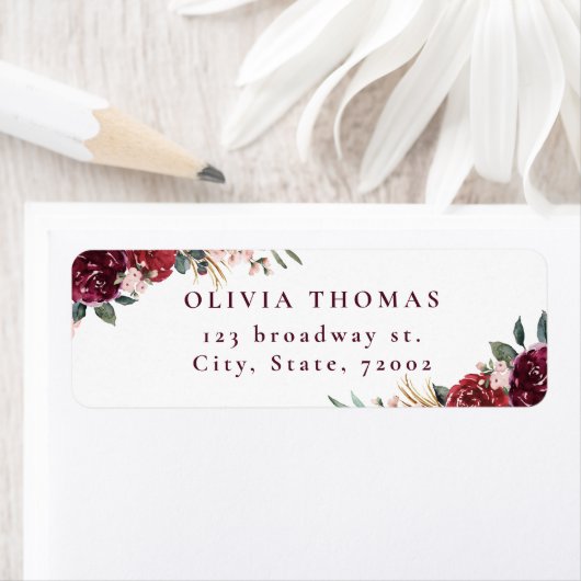 Burgundy boho blumenreiche rustikale Rücksendeadre (Insitu)