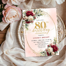 Burgundy Boho Chic Floral 80th Birthday Party  Einladung