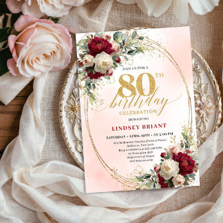 Burgundy Boho Chic Floral 80th Birthday Party  Einladung