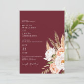 Burgundy Boho Chic Floral Wedding Einladung (Stehend Vorderseite)