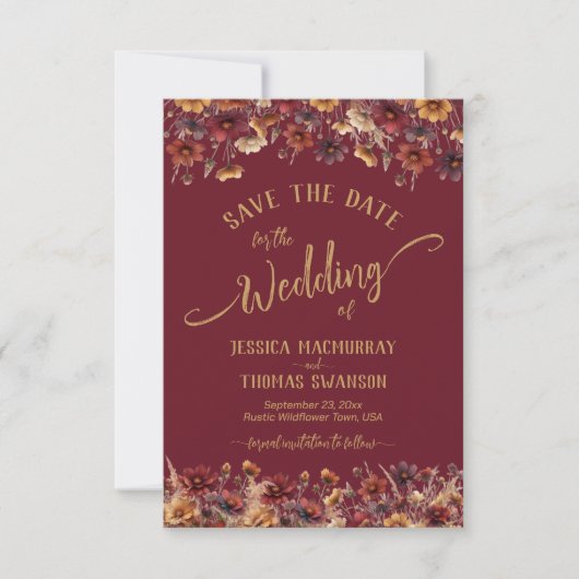 Burgundy Boho Chic Wildflowers Calligraphy Wedding Save The Date (Vorderseite)