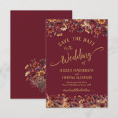 Burgundy Boho Chic Wildflowers Calligraphy Wedding Save The Date (Vorne/Hinten)