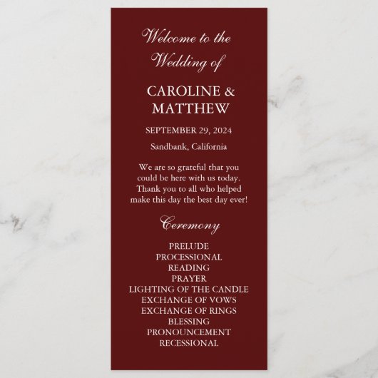 Burgundy Boho Dinner Modern Minimalistic Wedding  Programm (Vorderseite)