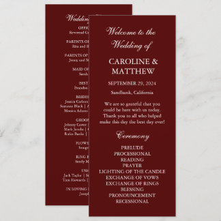 Burgundy Boho Dinner Modern Minimalistic Wedding  Programm