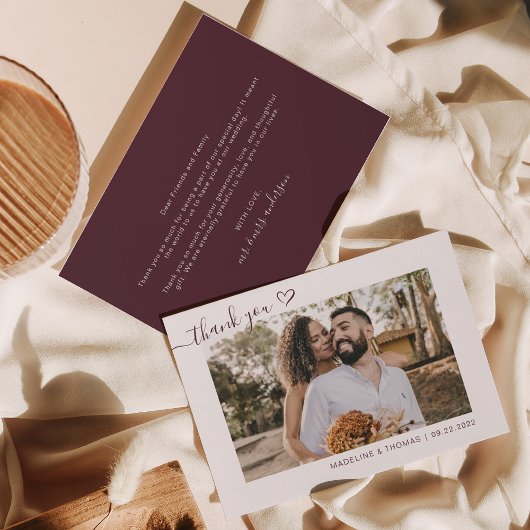 Burgundy Boho Einfaches Foto Herz-Script-Hochzeit Dankeskarte