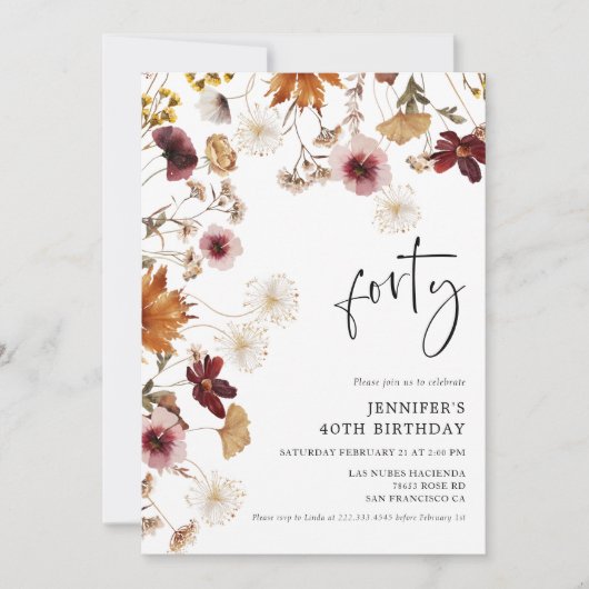 Burgundy Boho Fall Floral 40. Geburtstag Einladung (Vorderseite)