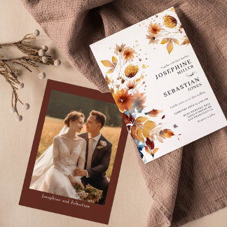 Burgundy Boho Fall Floral Foto Hochzeit Einladung
