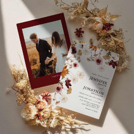 Burgundy Boho Fall Floral Foto Hochzeit Einladung