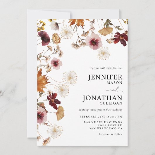 Burgundy Boho Fall Floral Foto Hochzeit Einladung (Vorderseite)