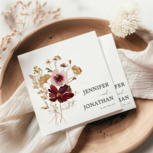 Burgundy Boho Fall Floral Foto Hochzeit Einladung Serviette