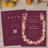 Burgundy Boho Fall Floral QR Code Wedding Einladung