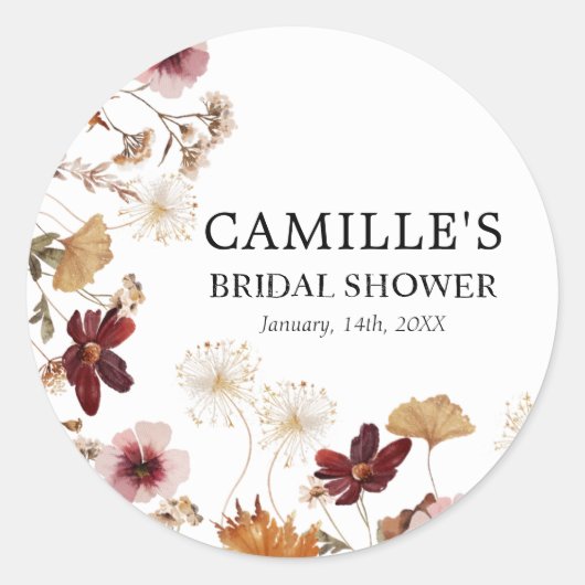 Burgundy Boho Fall Floral Round Sticker (Vorderseite)