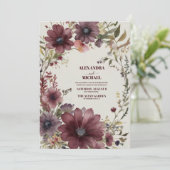Burgundy Boho Fall Floral Wedding Einladung (Stehend Vorderseite)
