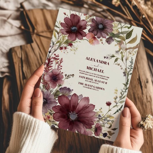 Burgundy Boho Fall Floral Wedding Einladung