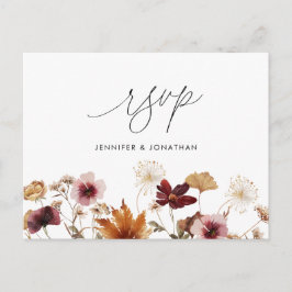 Burgundy Boho Fall Floral Wedding RSVP Post Card Postkarte