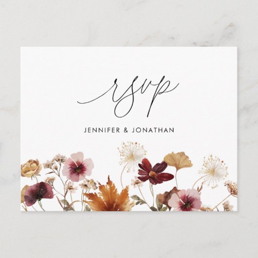 Burgundy Boho Fall Floral Wedding RSVP Post Card Postkarte (Vorderseite)