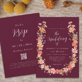 Burgundy Boho Fall Rustikaler QR-Code Hochzeit Einladung