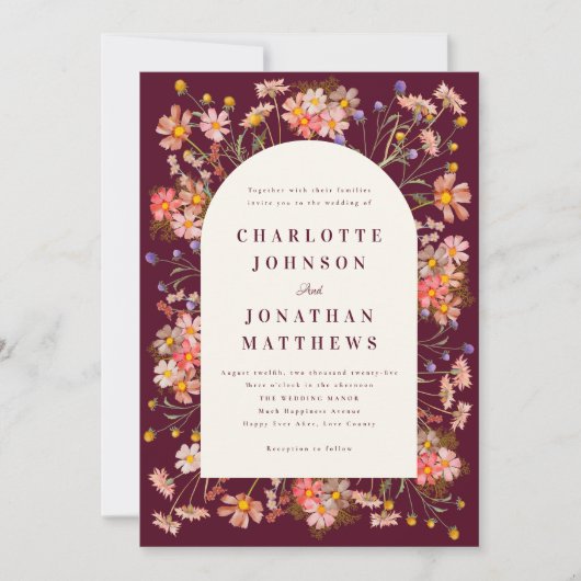 Burgundy Boho Fall Wildblume Wedding Einladung (Vorderseite)