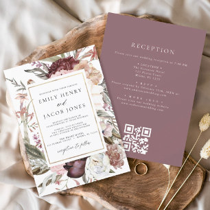 Burgundy Boho Floral All in One QR Code Hochzeit Einladung