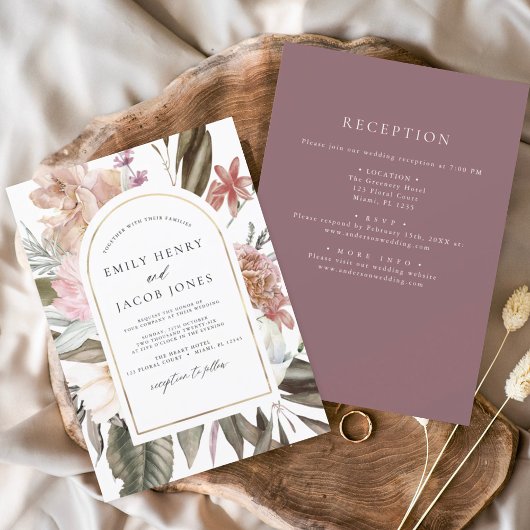 Burgundy Boho Floral All in One Wedding Einladung