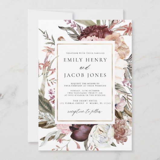 Burgundy Boho Floral All in One Wedding Einladung (Vorderseite)