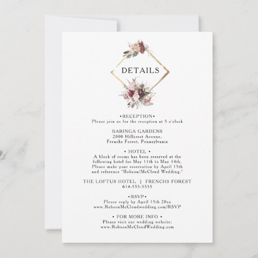 Burgundy Boho Floral alles in einer Hochzeit Einla Einladung (Rückseite)