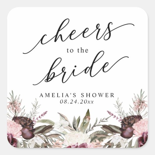 Burgundy Boho Floral Brautparty Quadratischer Aufkleber (Vorderseite)