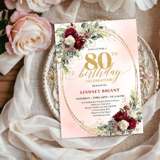 Burgundy Boho Floral Gold Frame 80th Birthday Einladung