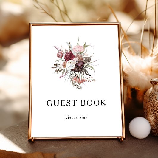 Burgundy Boho Floral Guest Book Sign Poster