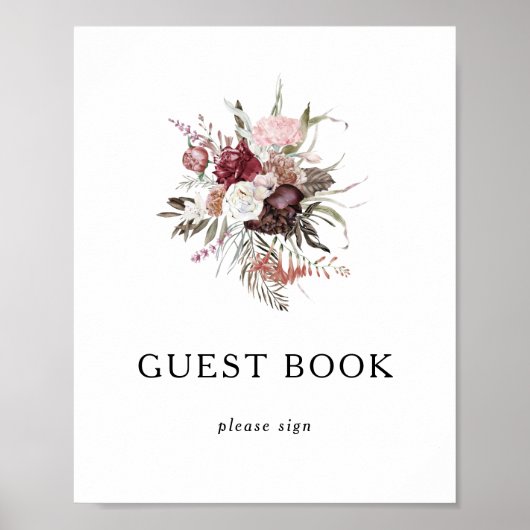 Burgundy Boho Floral Guest Book Sign Poster (Vorne)