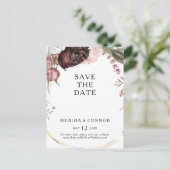 Burgundy Boho Floral Save the Date Postkarte (Stehend Vorderseite)