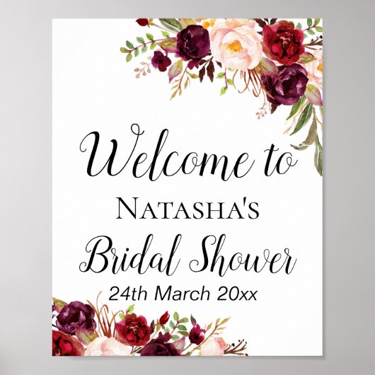 Burgundy Boho Floral Sign - Begrüßungszeichen Poster (Vorne)