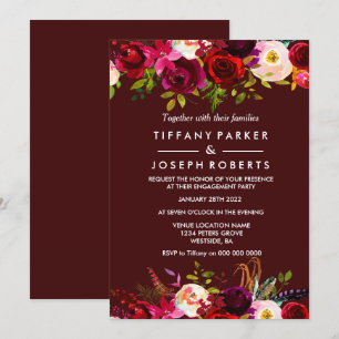 Burgundy Boho Floral Spring Engagement Party Einladung
