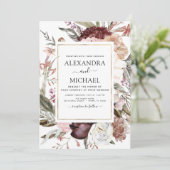 Burgundy Boho Floral Wedding Einladung (Stehend Vorderseite)