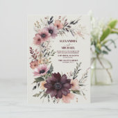 Burgundy Boho Floral Wedding Einladung (Stehend Vorderseite)