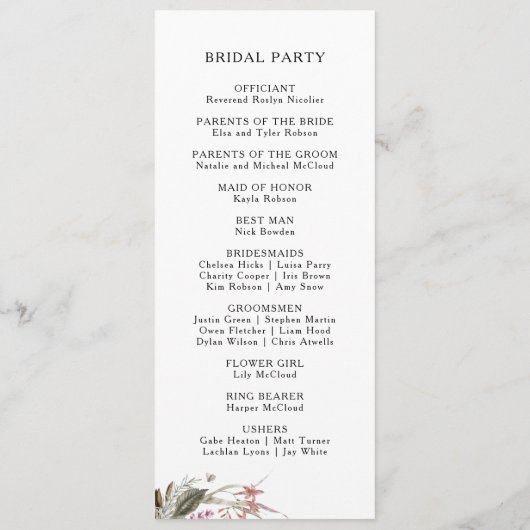 Burgundy Boho Floral Wedding Program Programm (Rückseite)