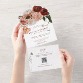 Burgundy Boho Floral Wedding QR Code All In One Einladung (Abreißen)