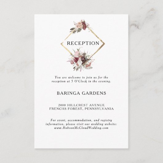 Burgundy Boho Floral Wedding Reception Card Begleitkarte (Vorderseite)