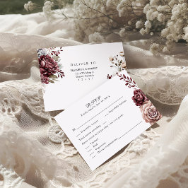 Burgundy Boho Floral Wedding RSVP Card Karte