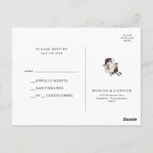 Burgundy Boho Floral Wedding RSVP Postcard Postkarte (Rückseite)