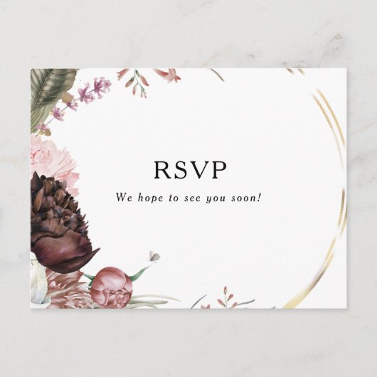 Burgundy Boho Floral Wedding RSVP Postcard Postkarte (Vorderseite)
