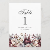 Burgundy Boho Floral Wedding Tischnummer (Rückseite)