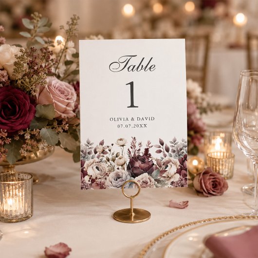Burgundy Boho Floral Wedding Tischnummer