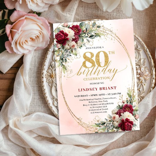 Burgundy Boho Garden Floral 80th Birthday Invite Einladung