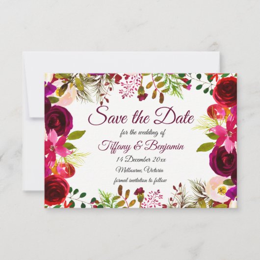 Burgundy Boho Garden Wedding Save the Date einlade (Vorderseite)