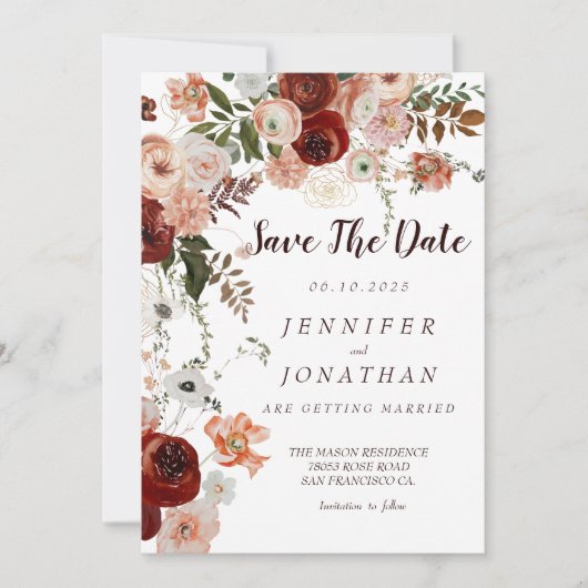 Burgundy Boho Gold Floral Save the Dates Einladung (Vorderseite)