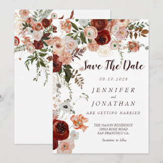 Burgundy Boho Gold Floral Save the Dates Einladung